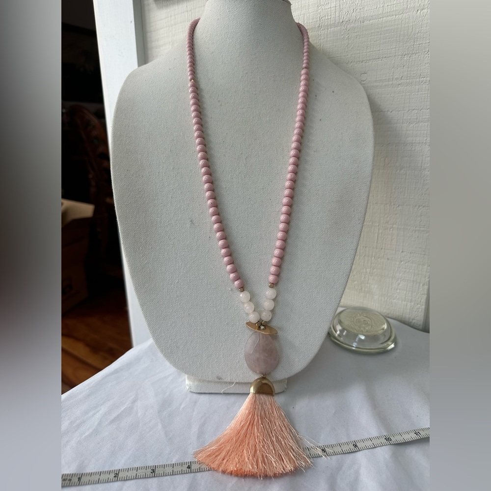 Long heavy glass bead and quartz tassel necklace